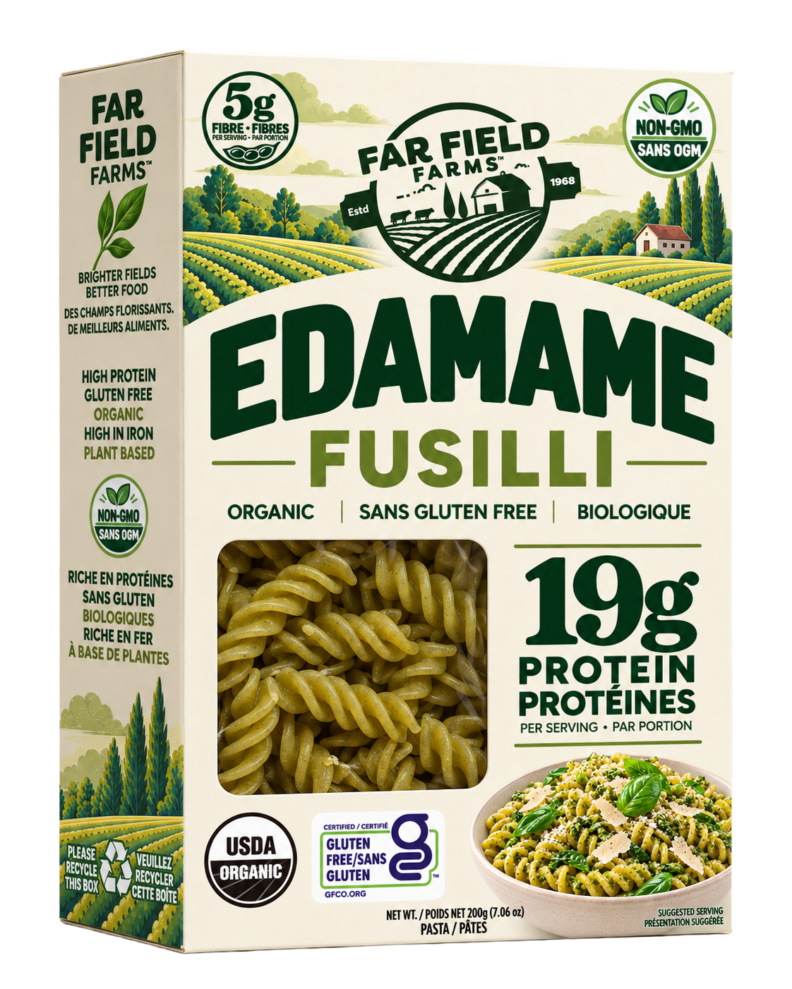 Far Field Farms Edamame Fusilli pasta box